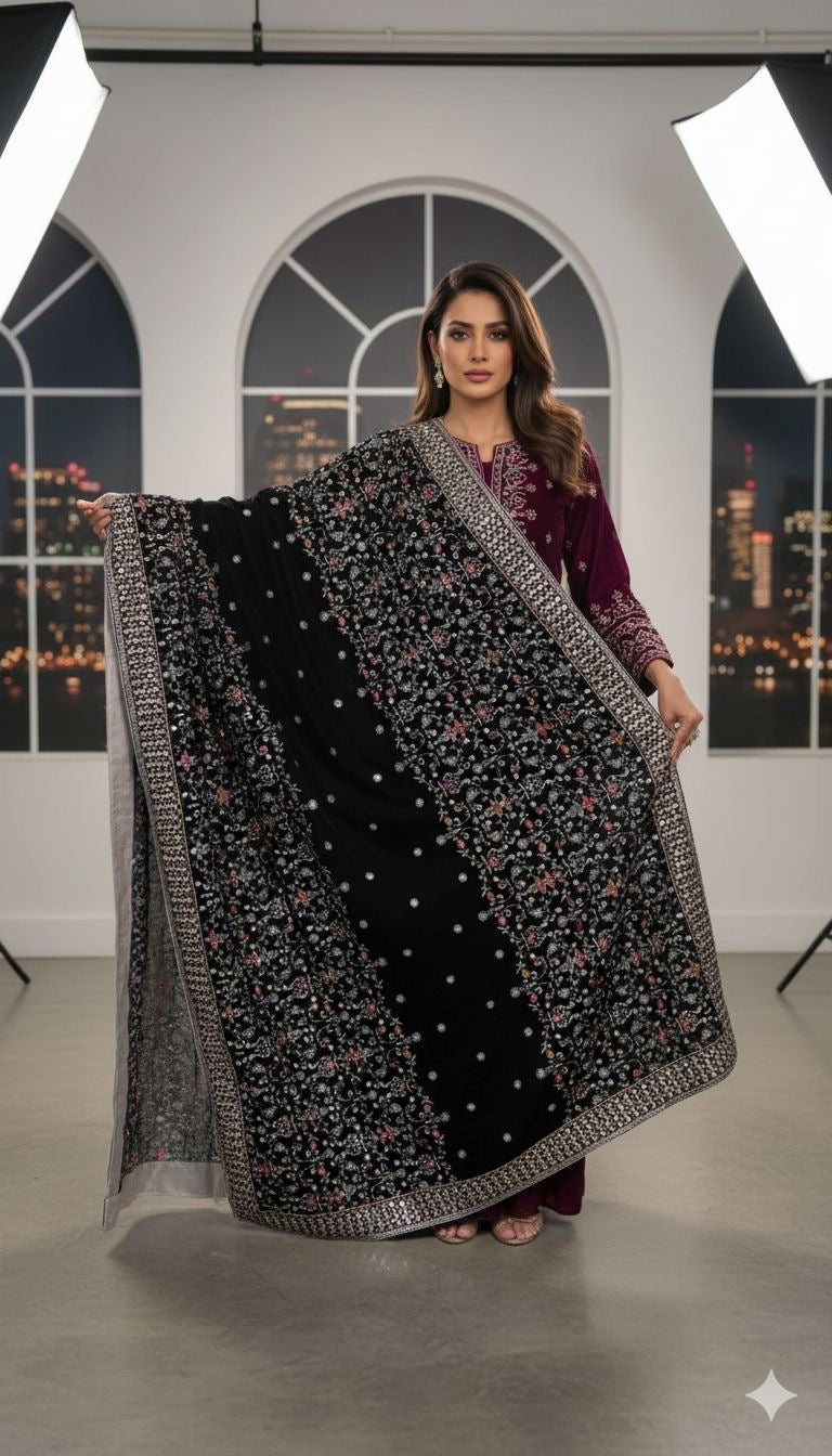 Velvet Embroidery Lightweight Shawl