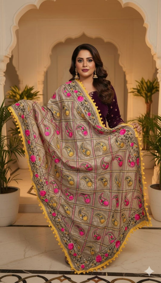 Phulkari pom pom Dupatta